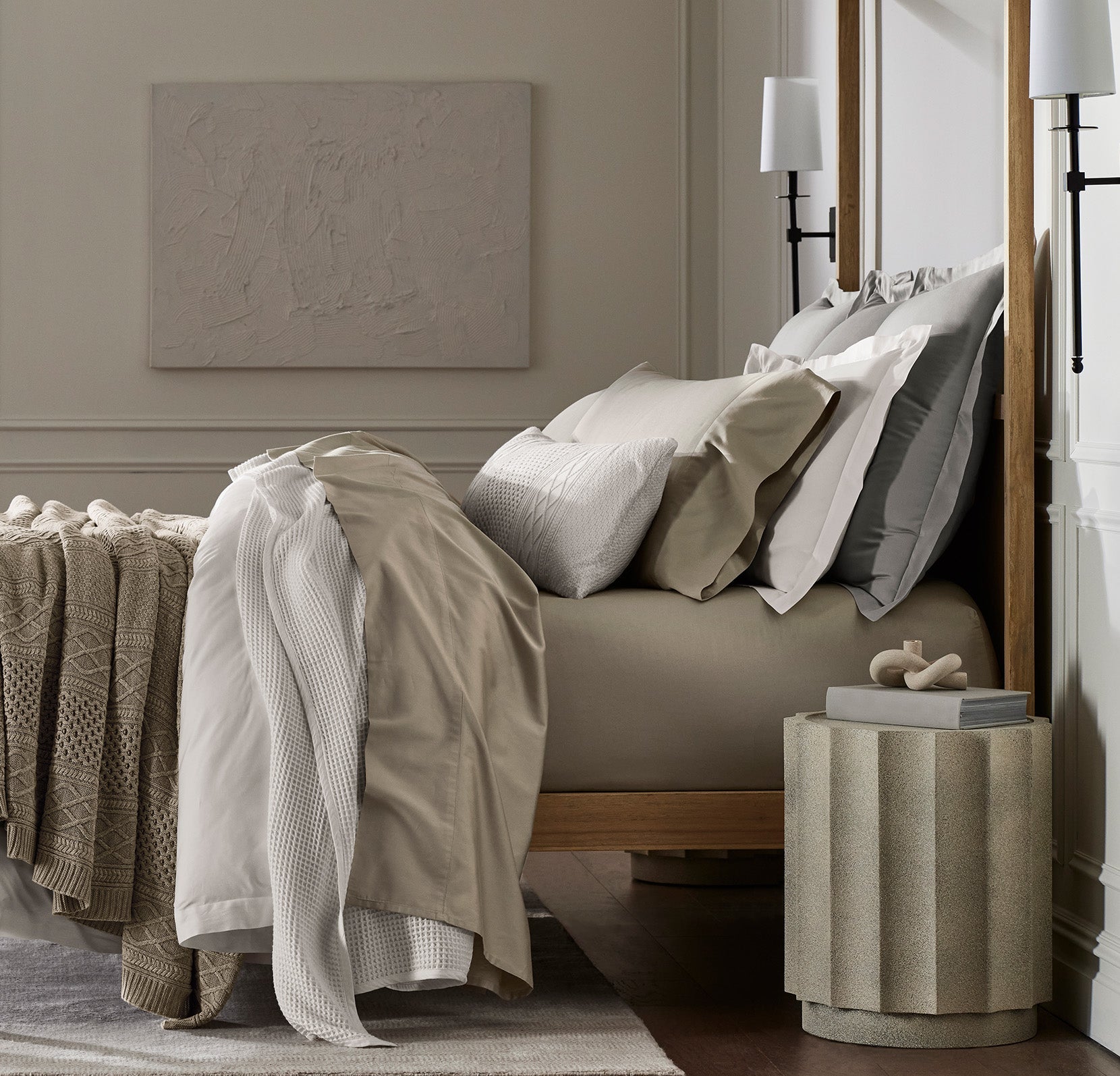 Lifestyle image of bed made with Sheet Set in Oak